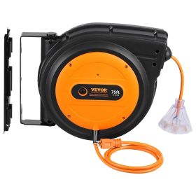 Retractable Extension Cord Reel, 75 FT, Heavy Duty 14AWG/3C SJTOW Retractable Power Cord with Lighted Triple Tap Outlet