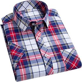 Men's Casual Plaid Shirts Fashion Loose Short Sleeve T-Shirts Suit Collar Round Hem Shirts (Color: RED-XL)