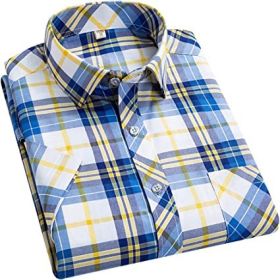 Men's Casual Plaid Shirts Fashion Loose Short Sleeve T-Shirts Suit Collar Round Hem Shirts (Color: YELLOW-M)