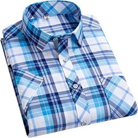 Men's Casual Plaid Shirts Fashion Loose Short Sleeve T-Shirts Suit Collar Round Hem Shirts (Color: LIGHT BLUE-XXL)